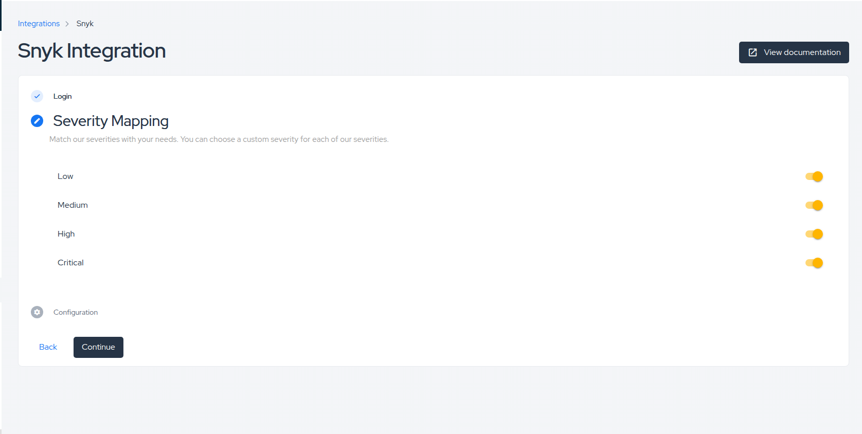 Snyk integration — Severity Mapping step