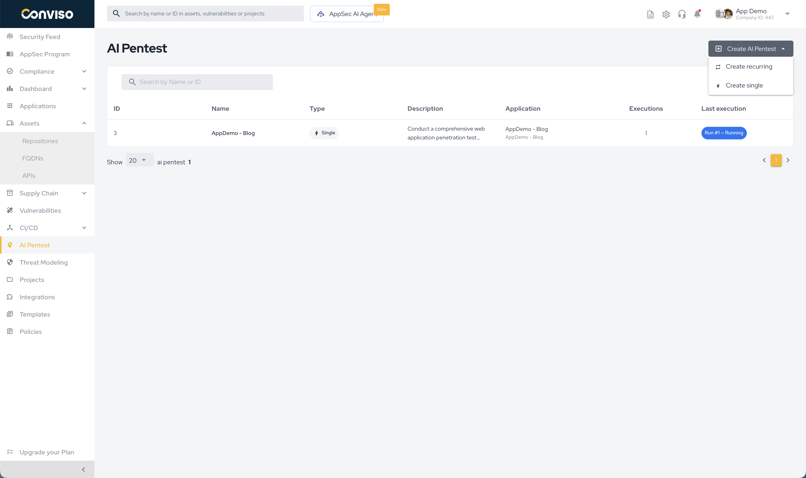 Create AI Pentest button with the Create recurring / Create single type dropdown