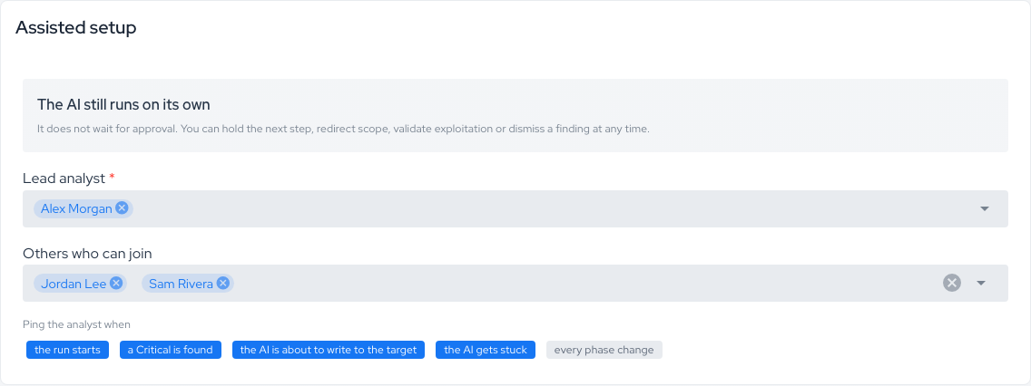 Assisted setup card with lead analyst, others who can join, and the ping options