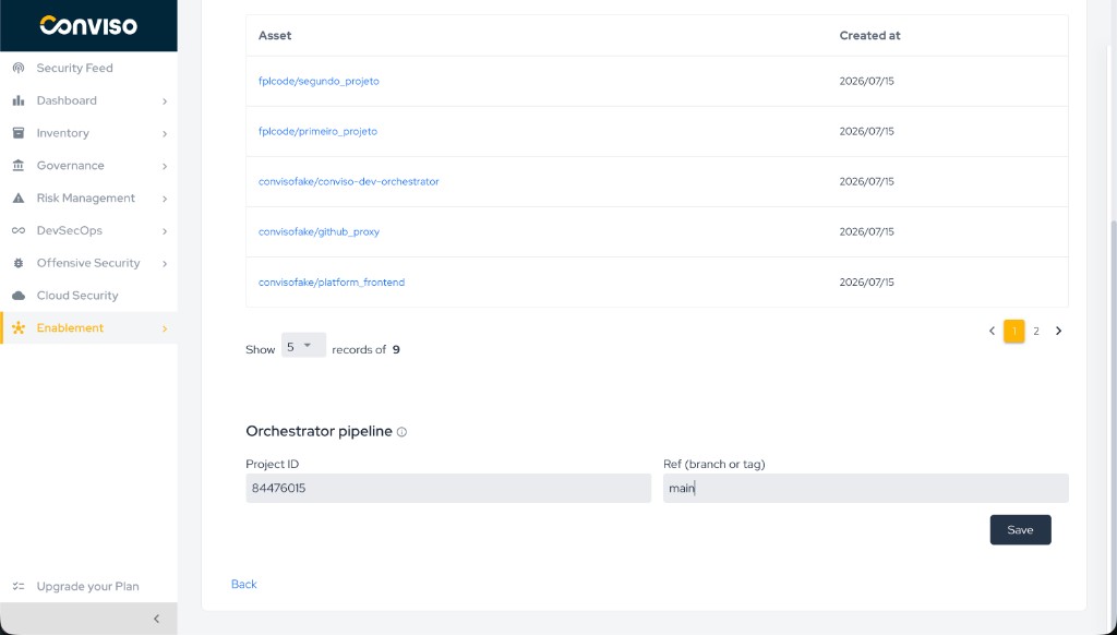 Orchestrator pipeline configuration in Conviso