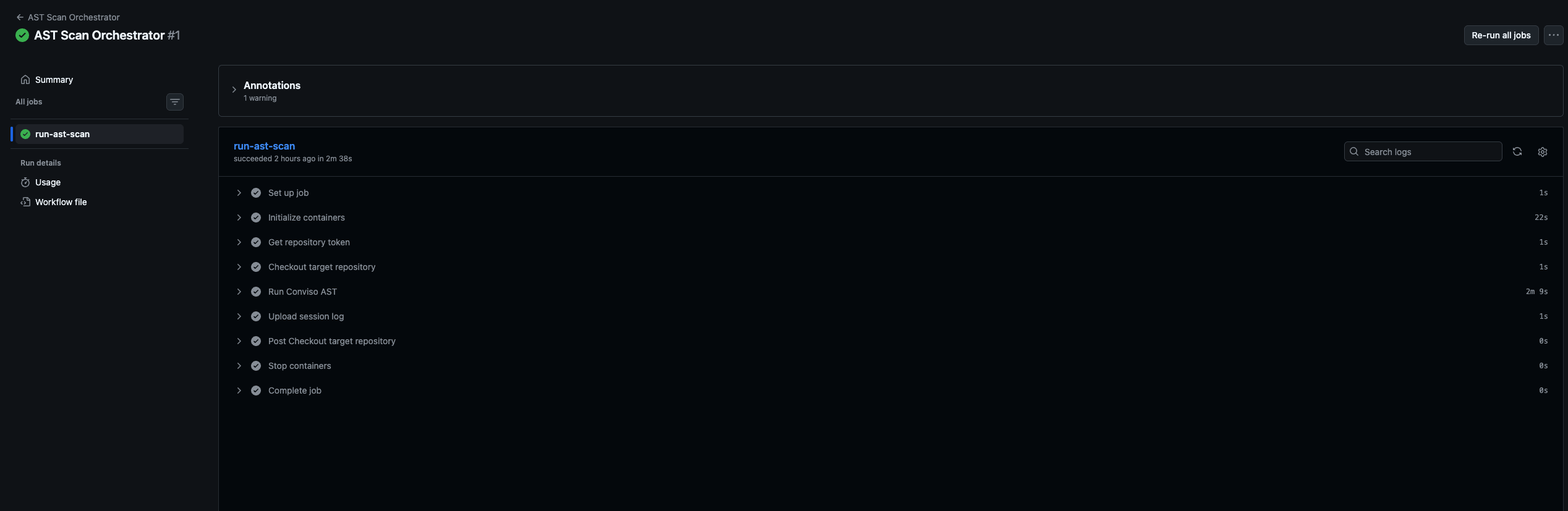 Successful AST Scan Orchestrator Actions run