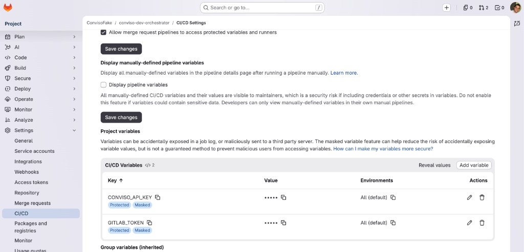 CI/CD Variables - CONVISO_API_KEY and GITLAB_TOKEN