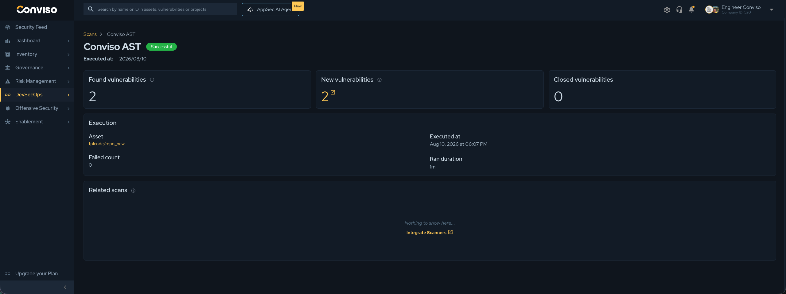 Validation: Conviso AST scan result in Platform