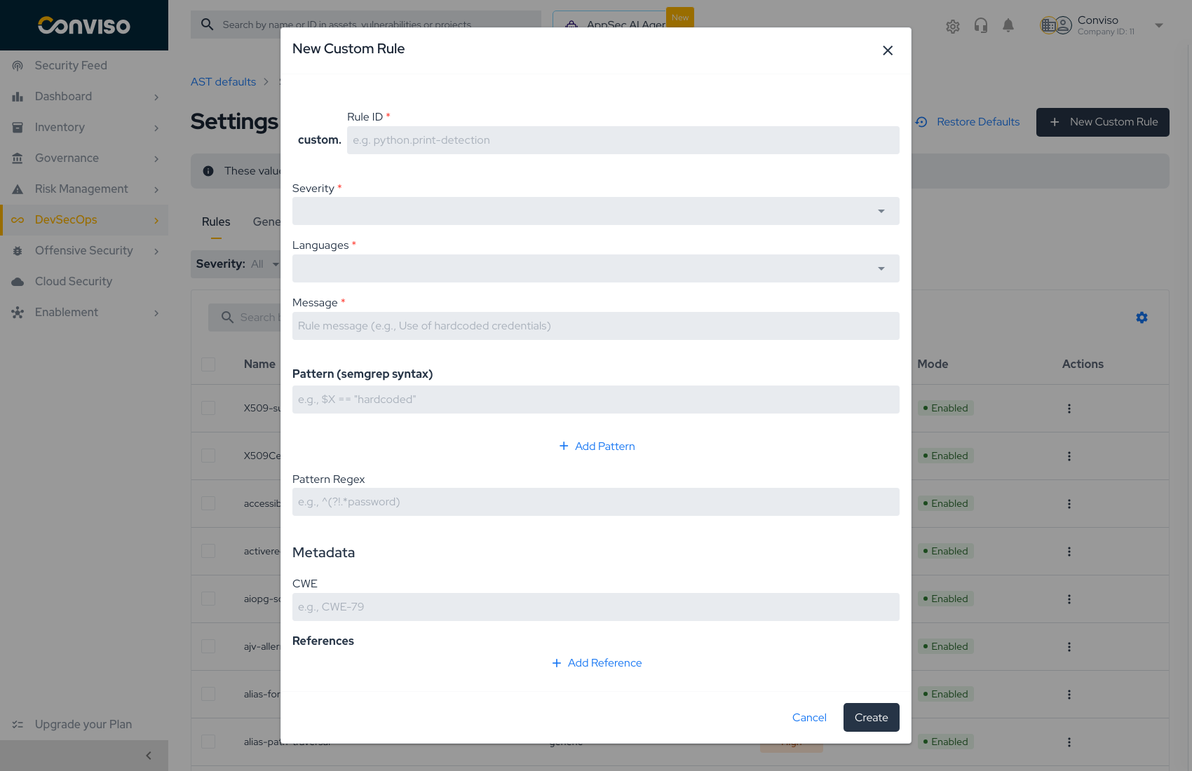 New custom rule dialog