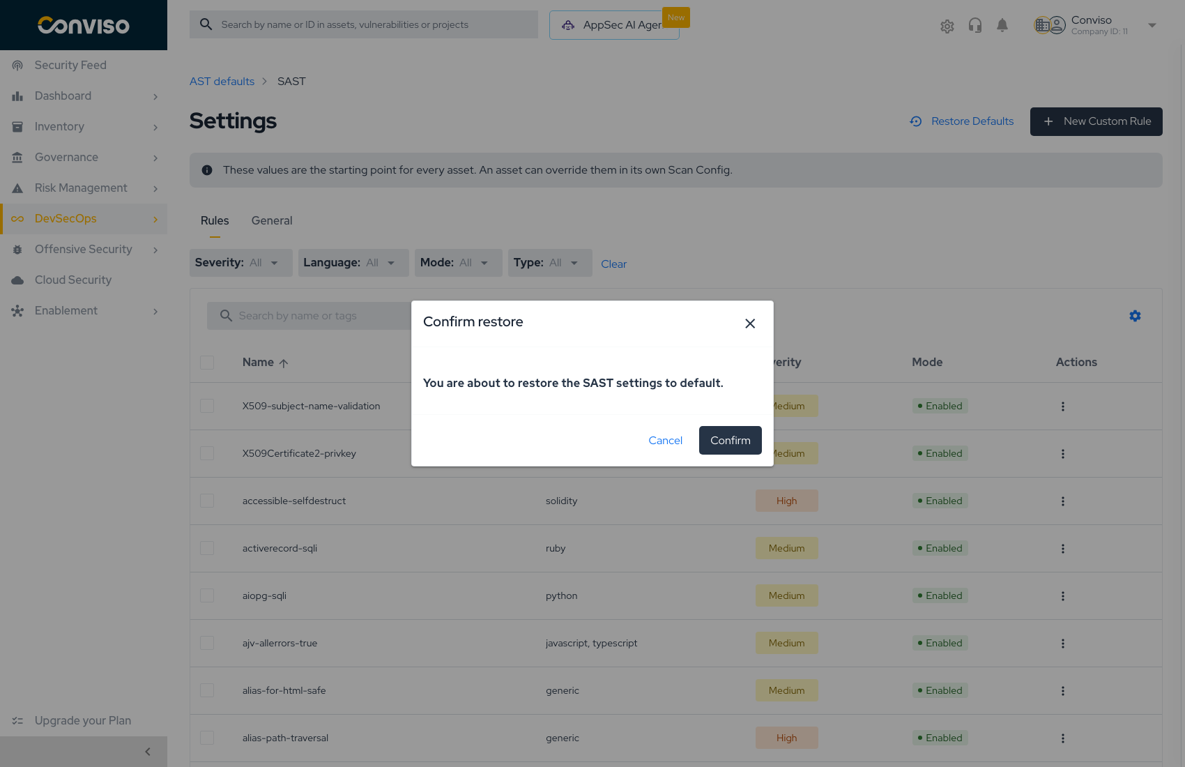 Restore defaults confirmation