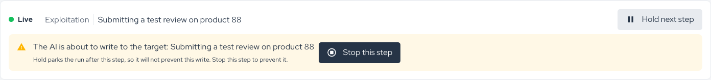 Control strip alert: the AI is about to write to the target, with a Stop this step button
