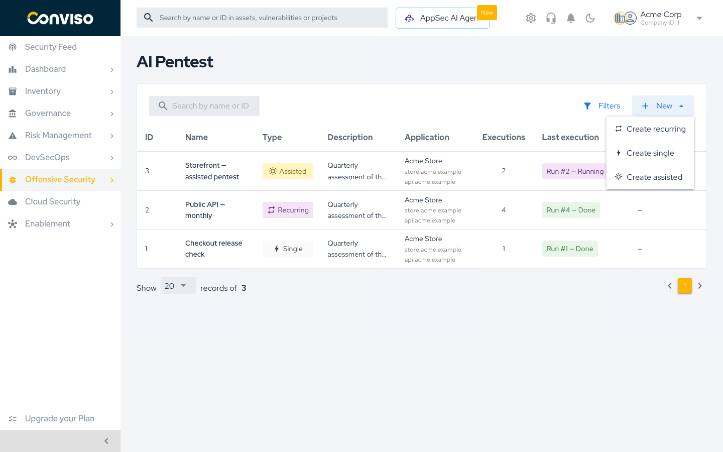 AI Pentest screen with the New menu open, showing Create recurring, Create single and Create assisted