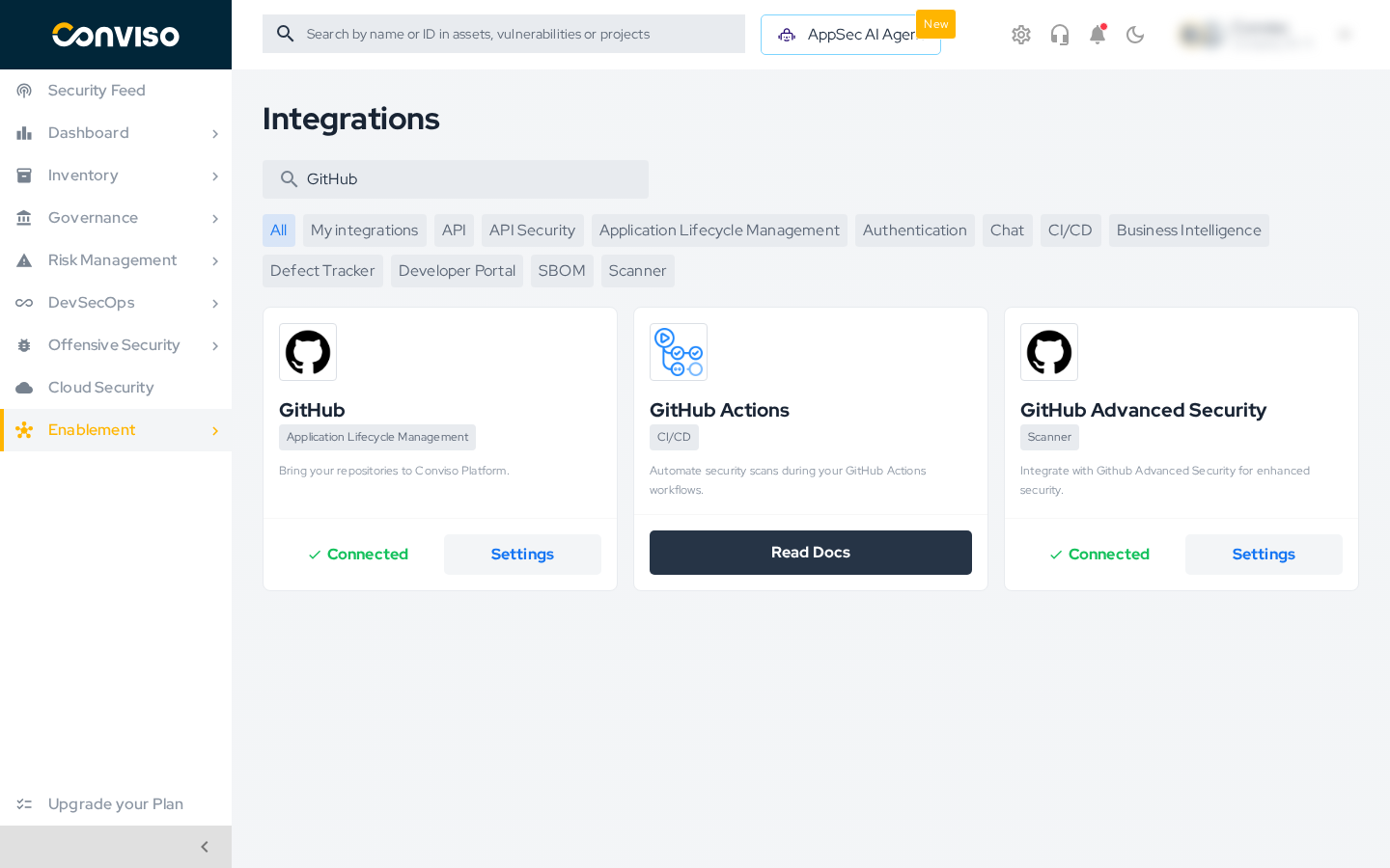 GitHub cards on the Integrations page