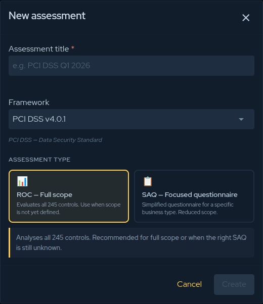 New assessment dialog