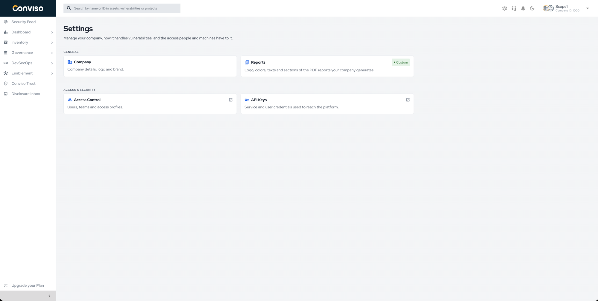 Step 2: Settings page with the Reports card under General, showing the Custom status. img