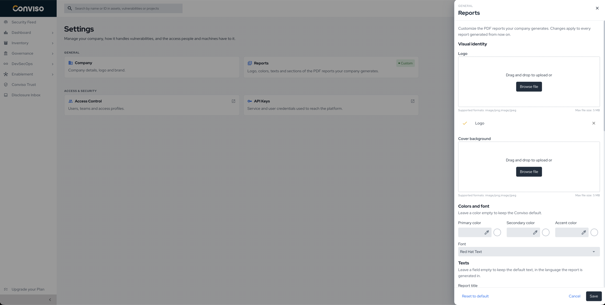 Reports panel with a saved logo, an empty cover background, and the colors and font fields. img