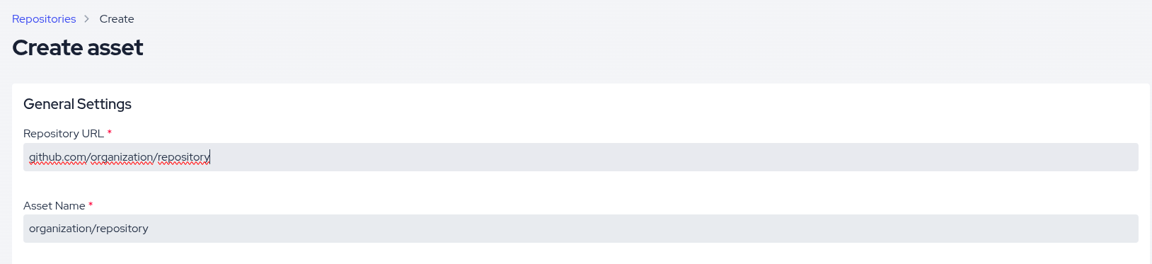 Create asset form with the Repository URL and Asset Name fields