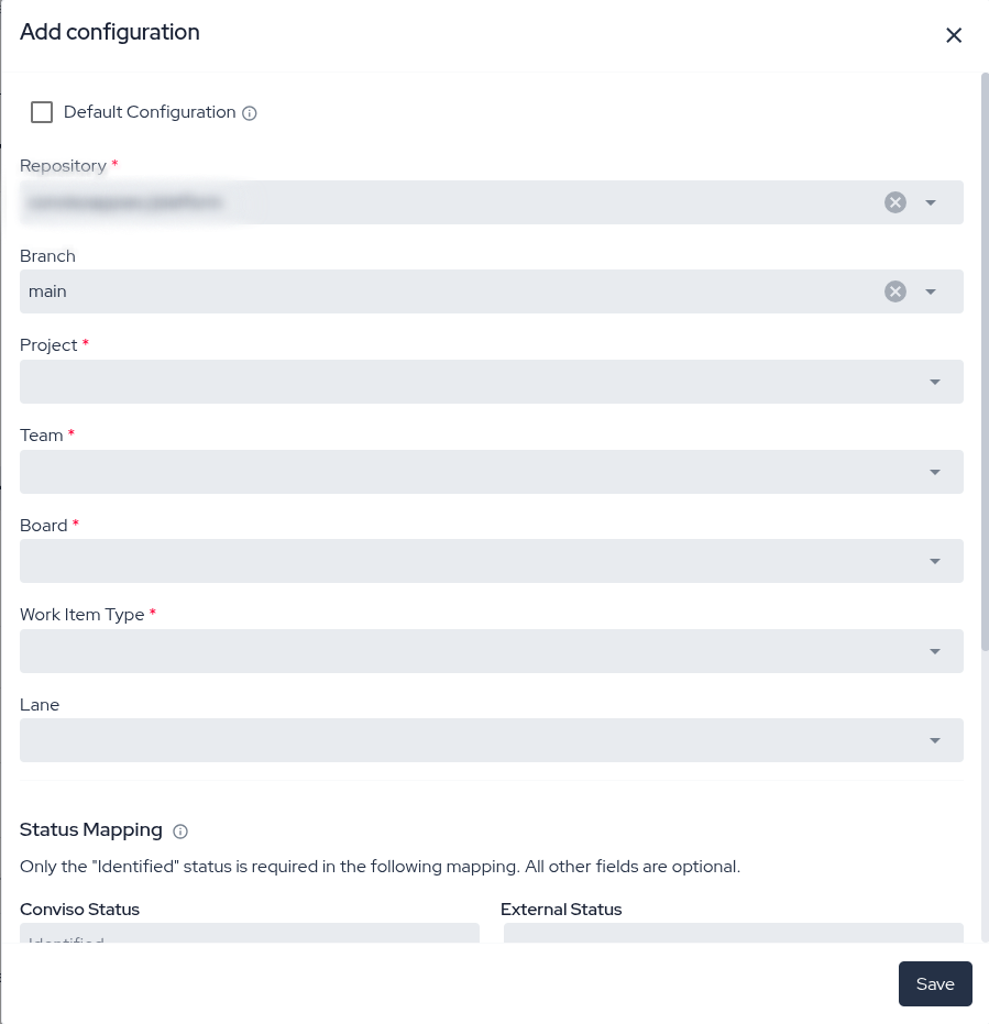 Defect tracker configuration form with Repository and Branch fields