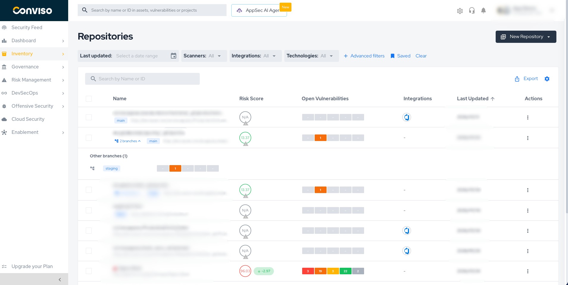 Repositories list under Inventory > Assets