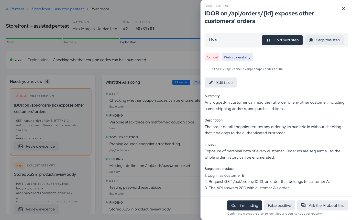Draft finding detail panel with summary, description, impact, steps to reproduce, and the Confirm finding, False positive and Ask the AI about this actions