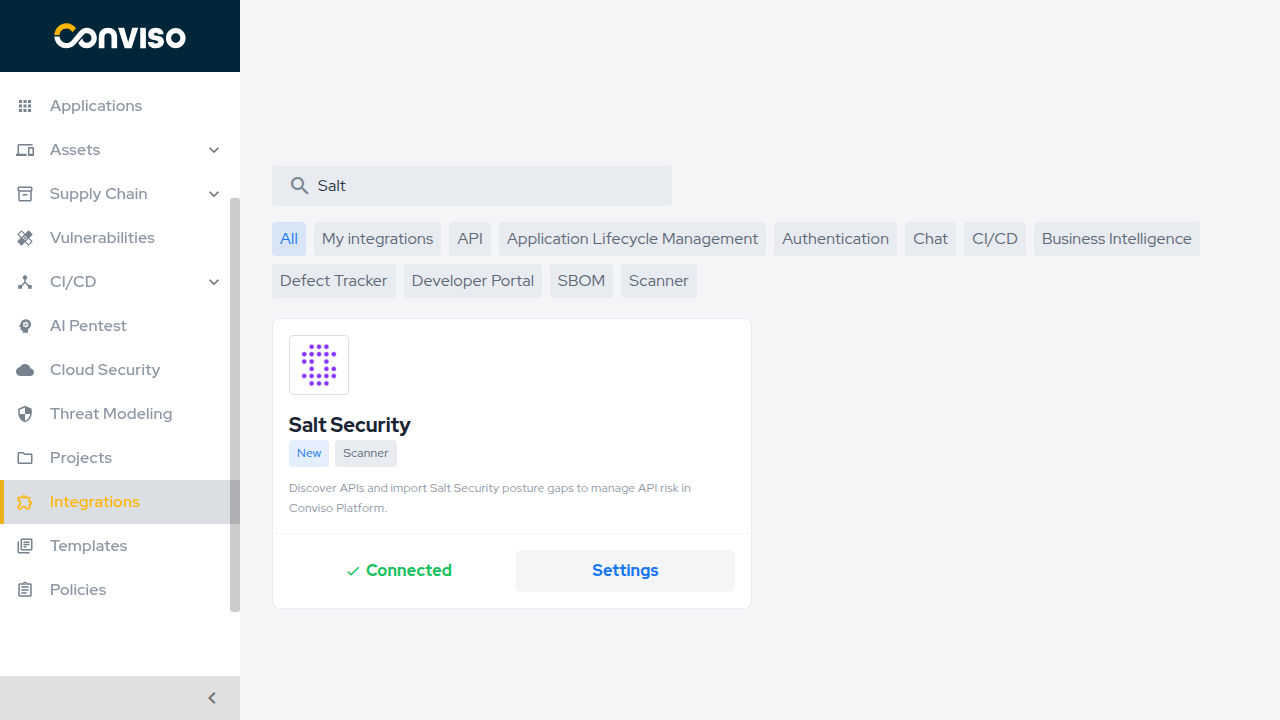 Integrations page showing Salt Security card with Connected status and Settings button.