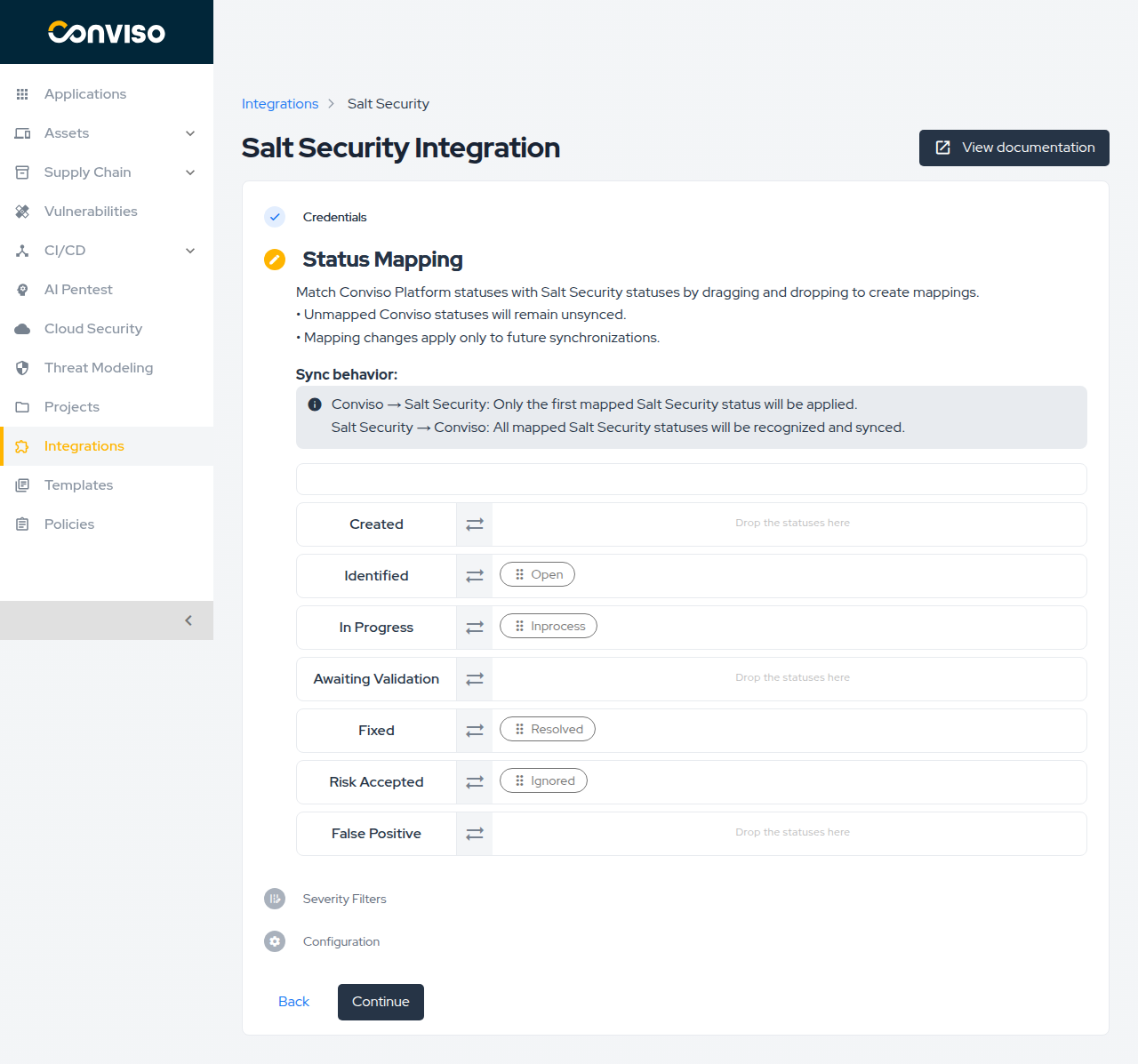 Status Mapping step showing the drag-and-drop table with default mappings applied.