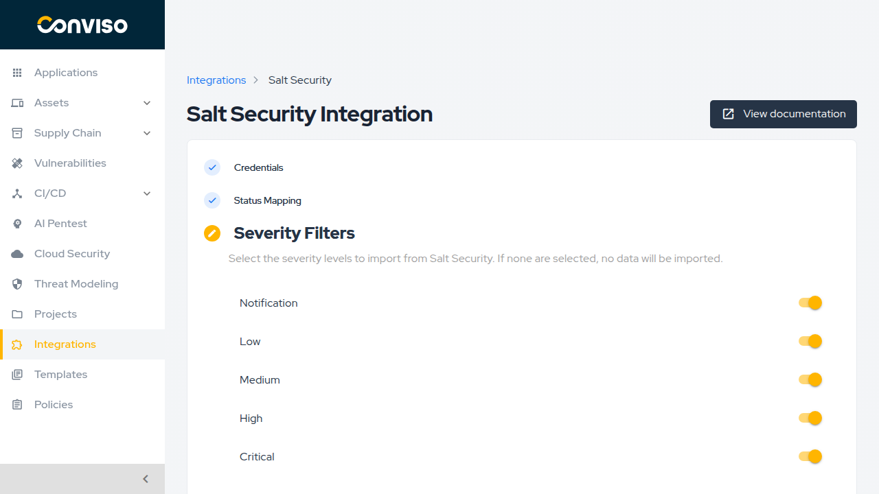 Severity Filters step with toggles for each severity level, all enabled.