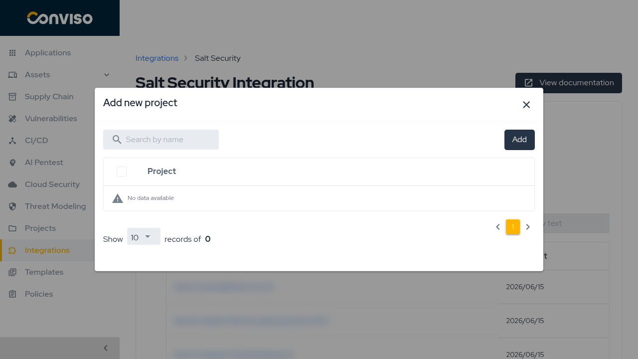 Add new project dialog listing Salt Security-discovered domains.