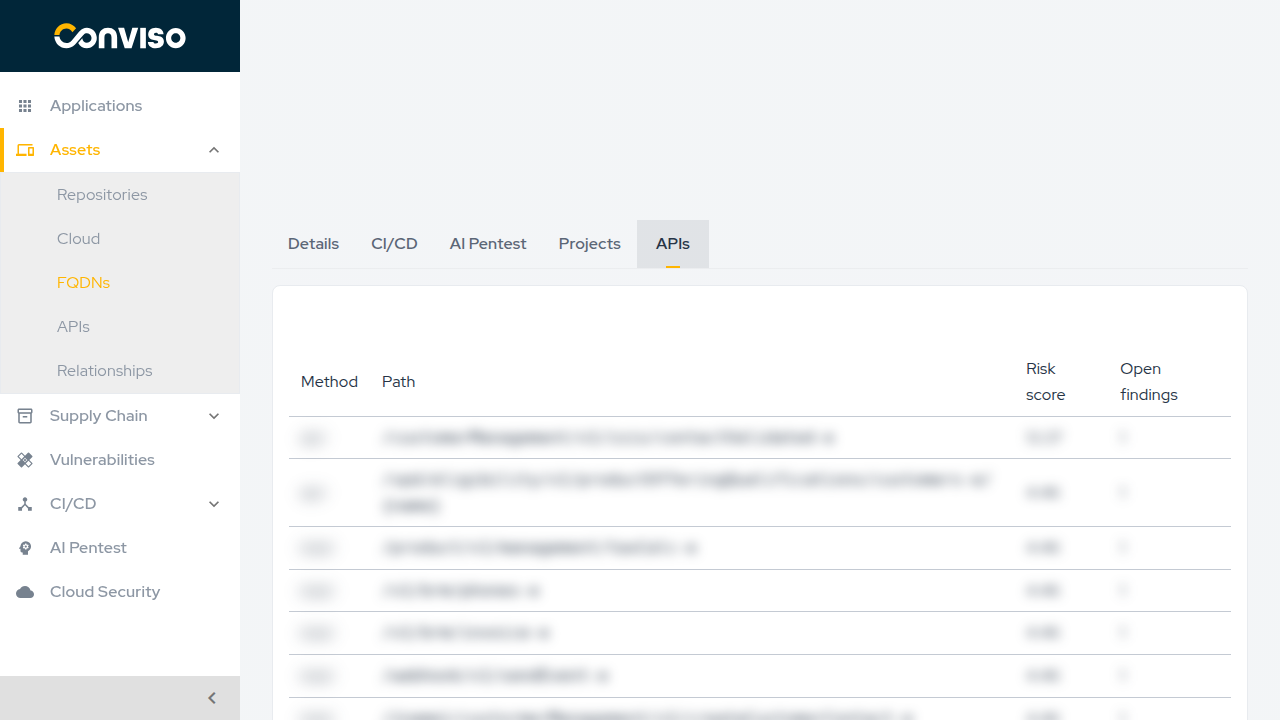 FQDN detail page with the APIs tab selected, showing child API endpoint assets.