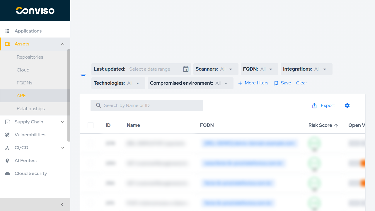 APIs asset list showing endpoint assets with their parent domain, risk score, and vulnerability count.