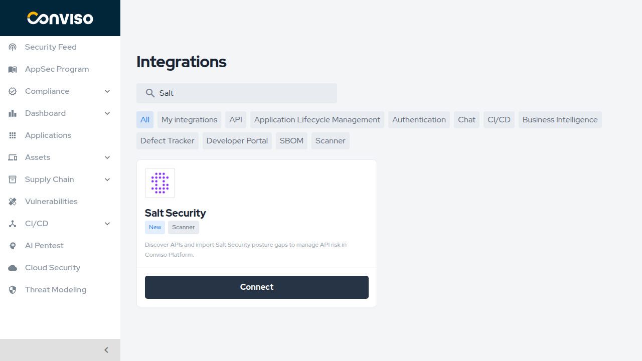 Integrations page showing the Salt Security card with the Connect button.