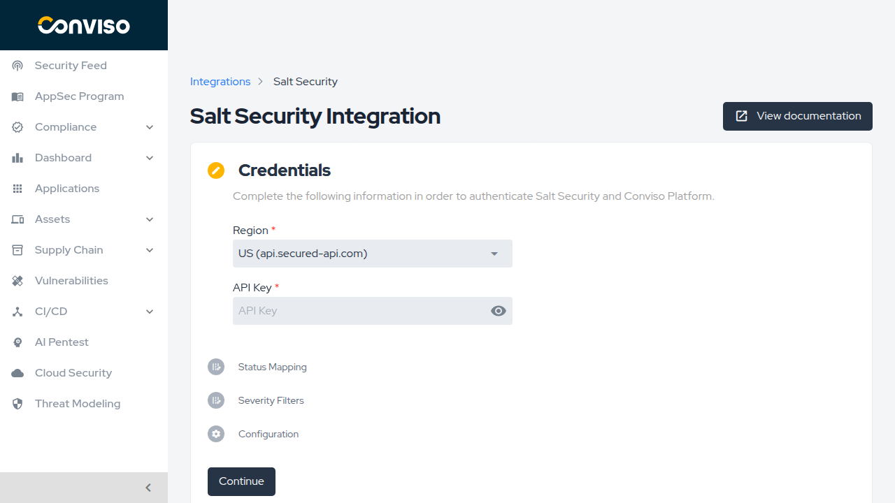 Credentials step showing the Region dropdown and API Key field.