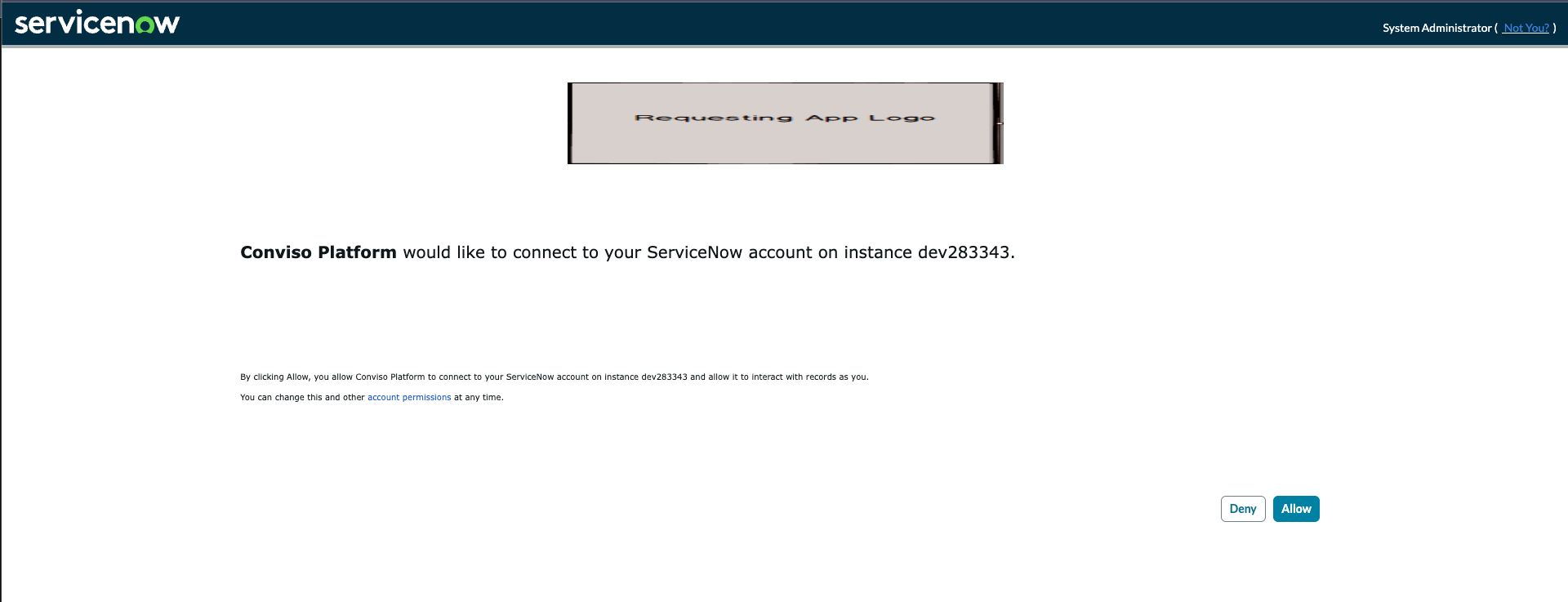 ServiceNow authorization page img