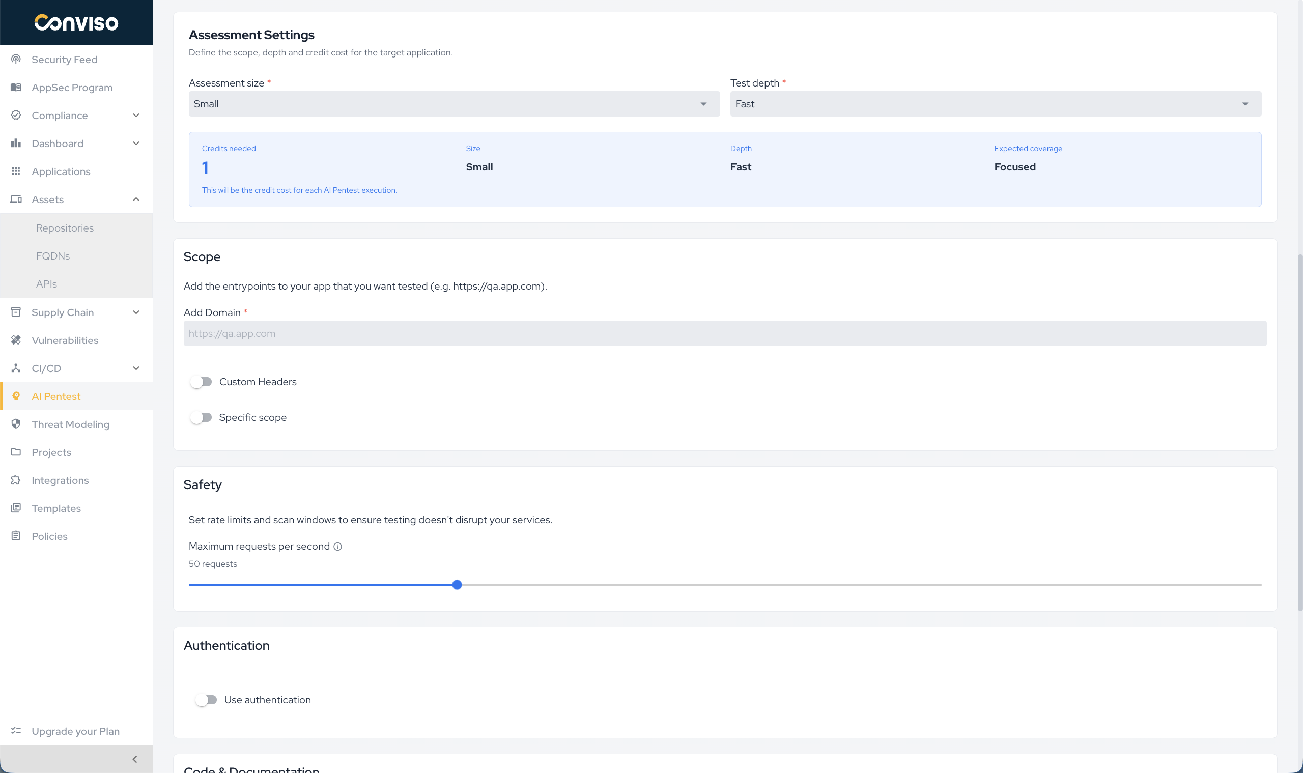 Assessment Settings card showing Assessment size, Test depth, and the Credits needed preview