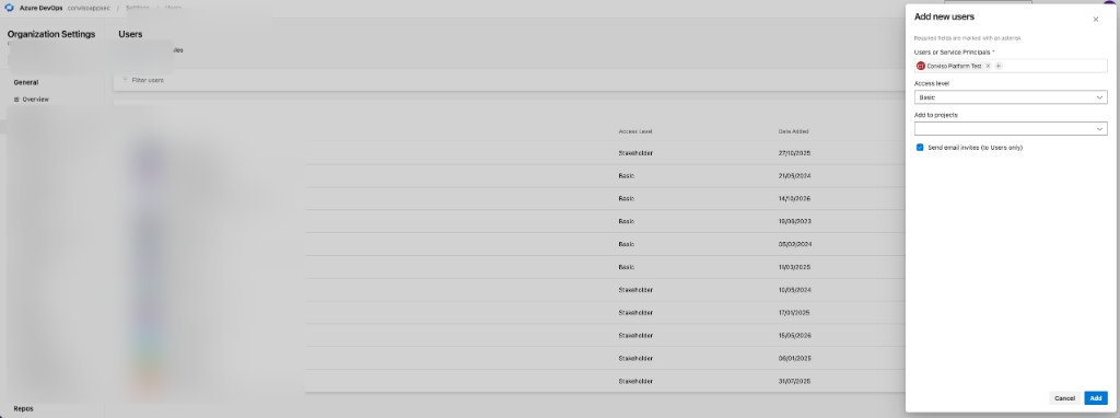 Add service principal to Azure DevOps organization