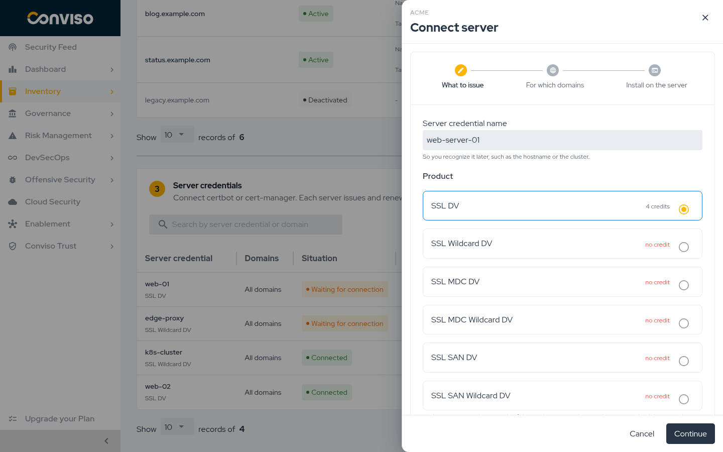 Step 1 of Connect server: the credential name and the product, with the credits available for each. Connect server panel