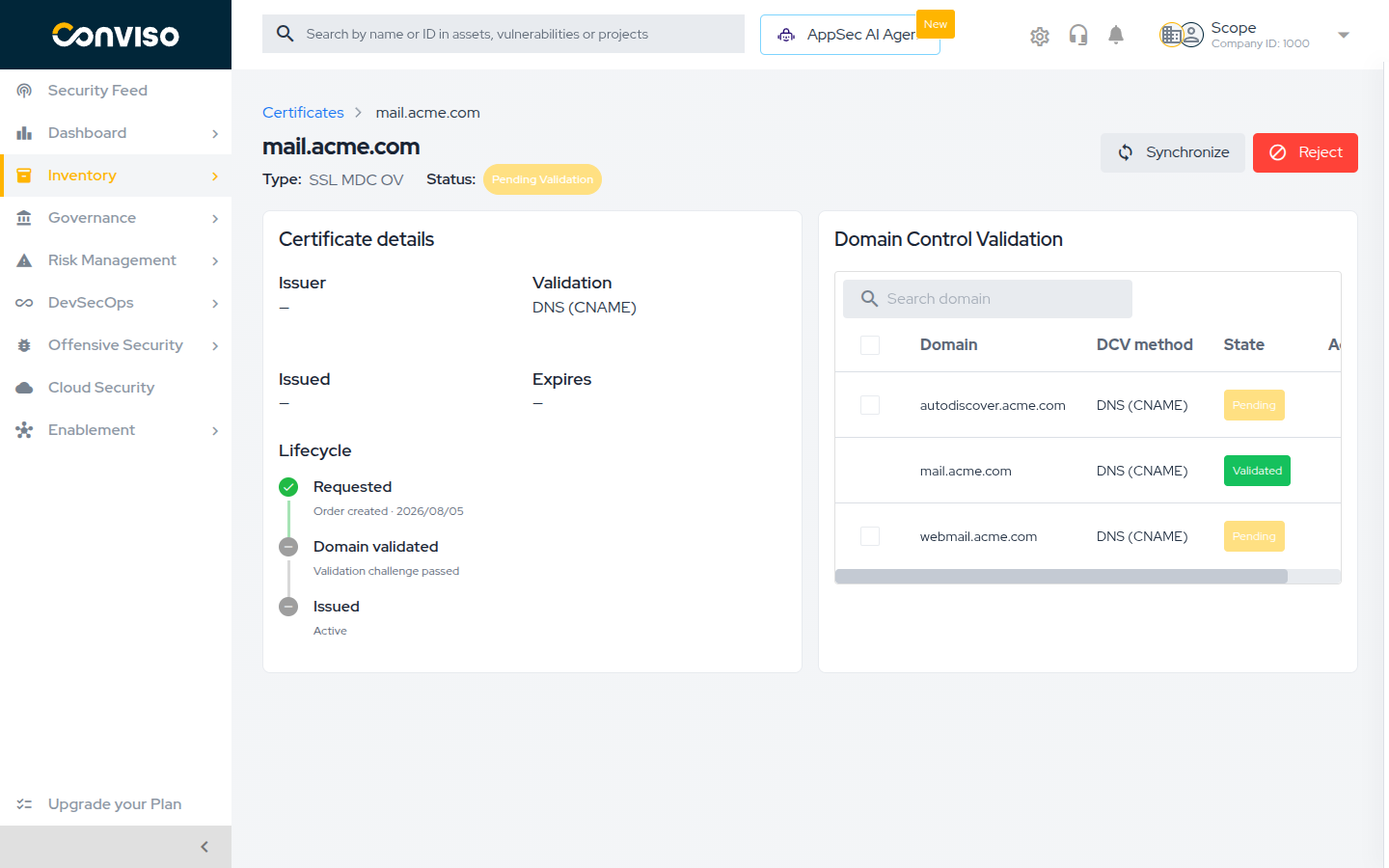 Domain Control Validation card