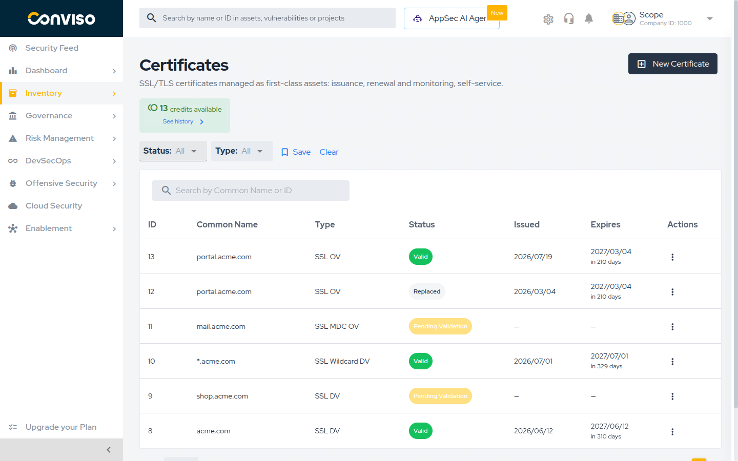 Certificates list under Inventory > Assets