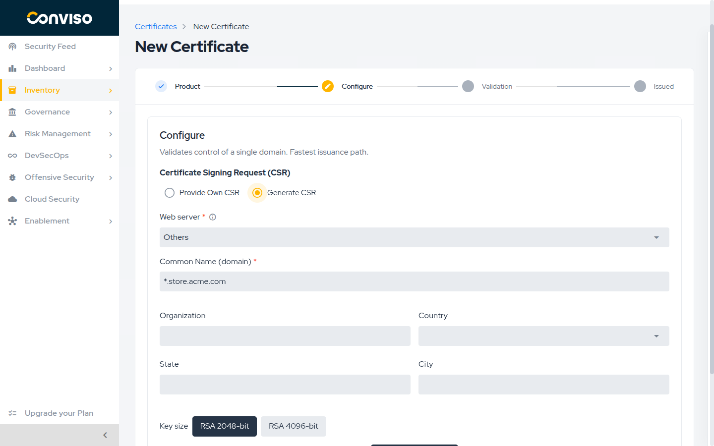 Step 2: the Configure step set to generate the CSR, before generating the key. Configure step in Generate CSR mode