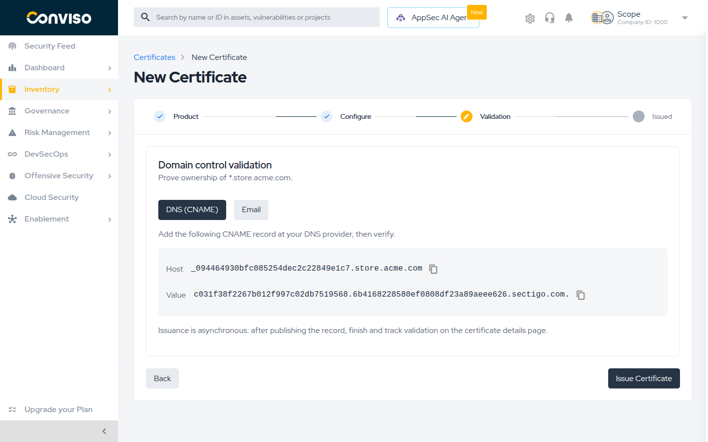 Step 5: the CNAME record to publish at the DNS provider. Domain control validation step showing the CNAME record