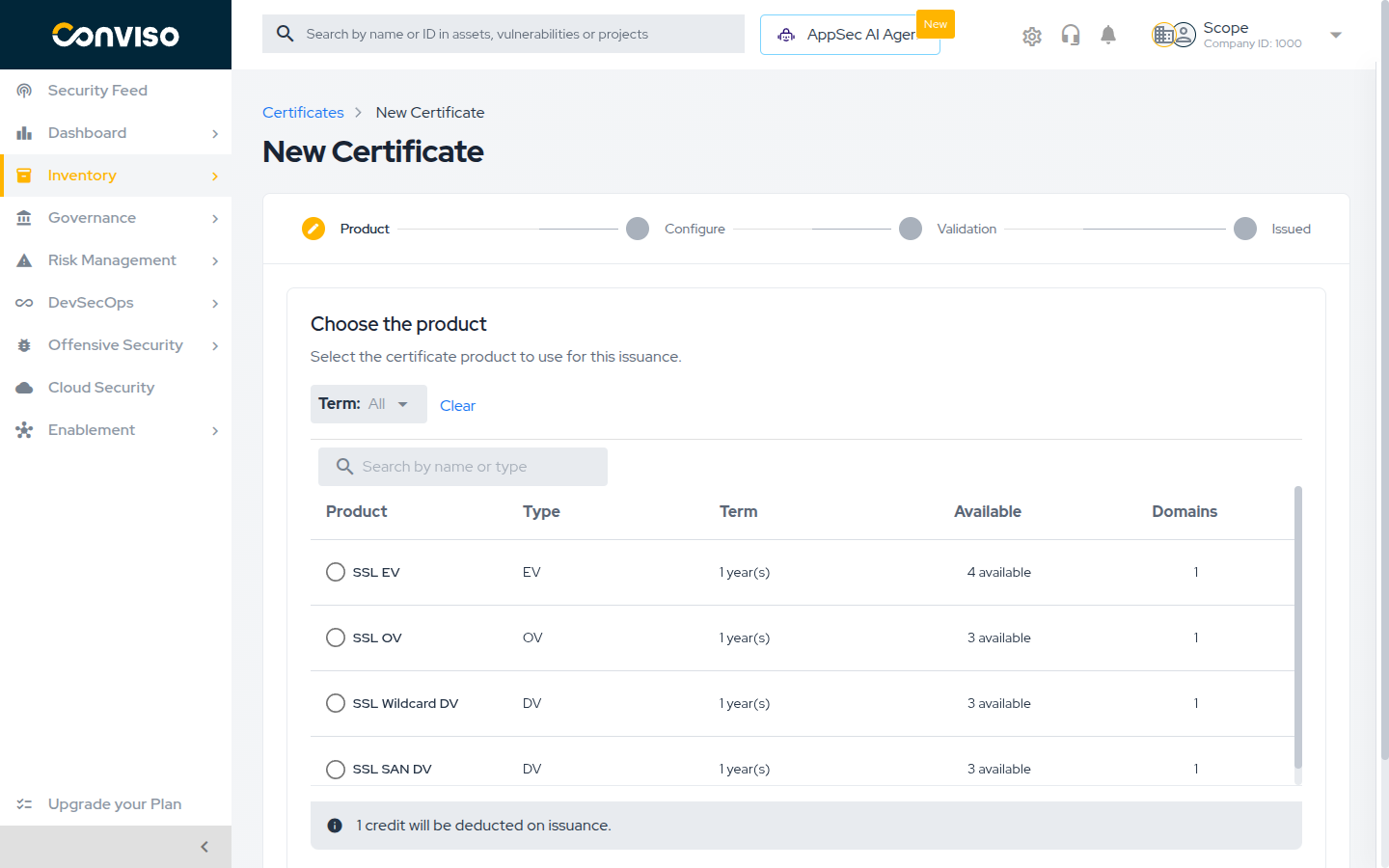Step 1: the product table listing the credits available to spend. Product step of the issuance wizard