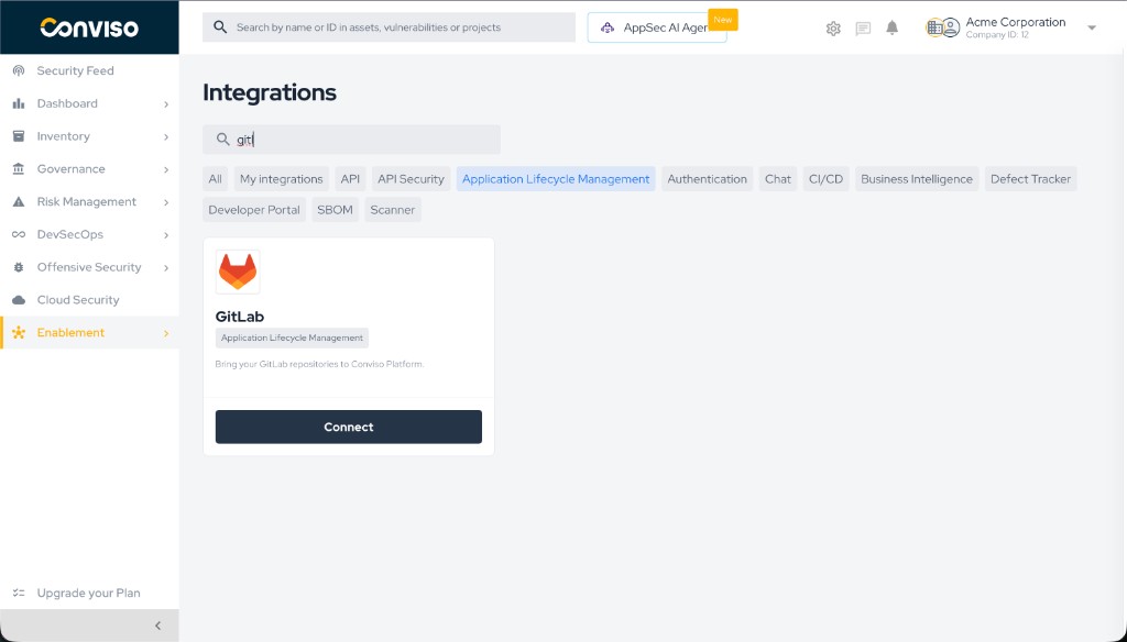 Step 1: Integrations list with GitLab card