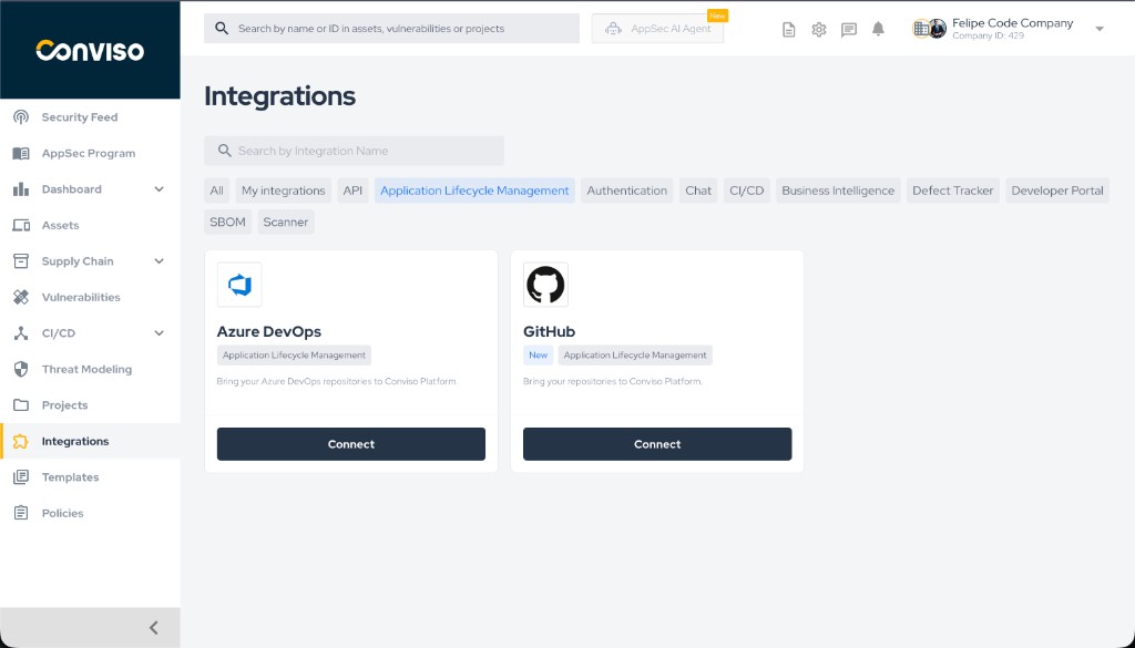 Step 1: Integrations list with Azure DevOps card