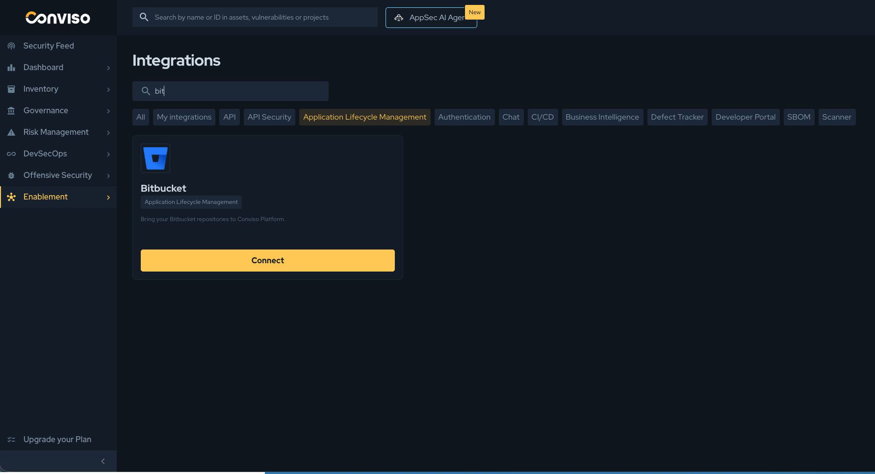 Step 1: Integrations list with Bitbucket card