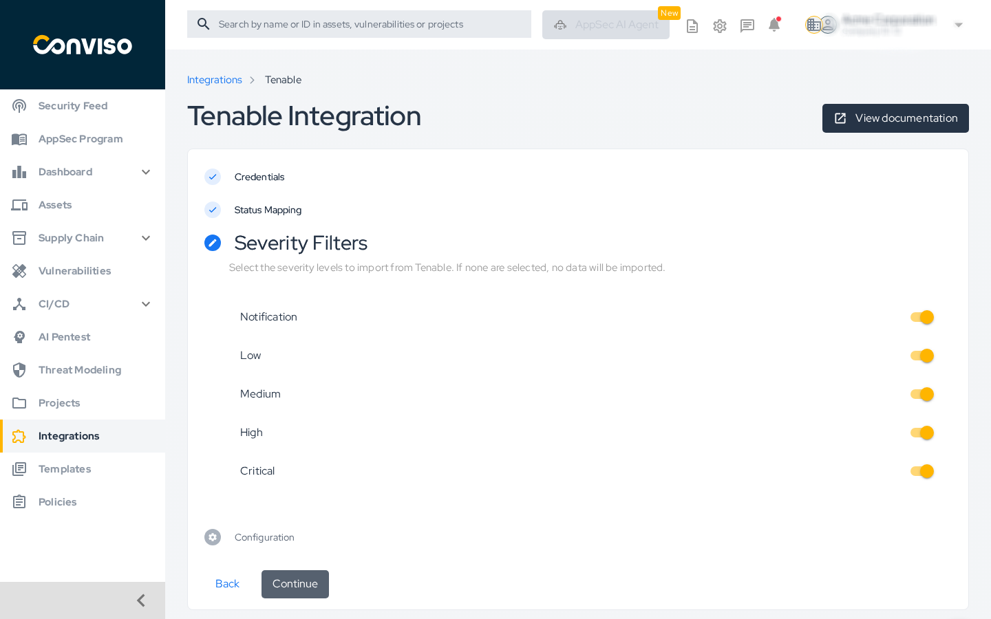 Step 4: Severity Filters step with toggles for each severity level.