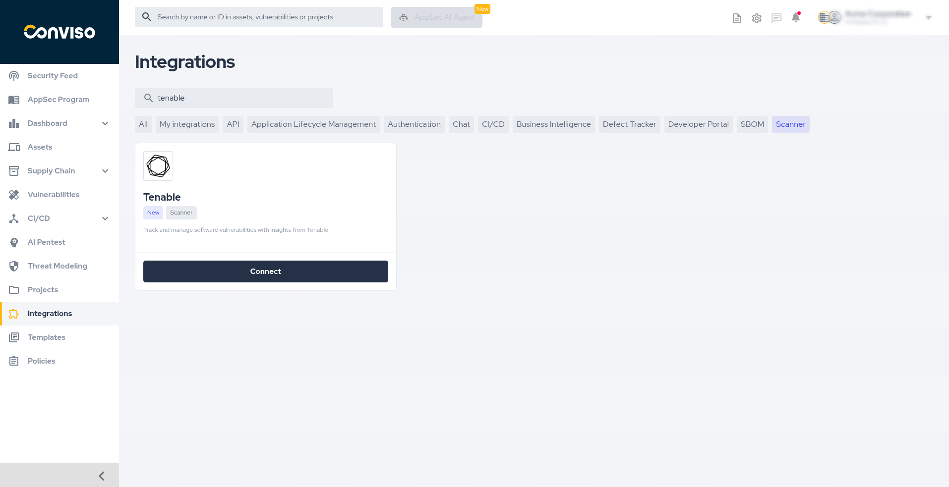 Step 1: Integrations page with the Tenable card visible, showing the Connect button.