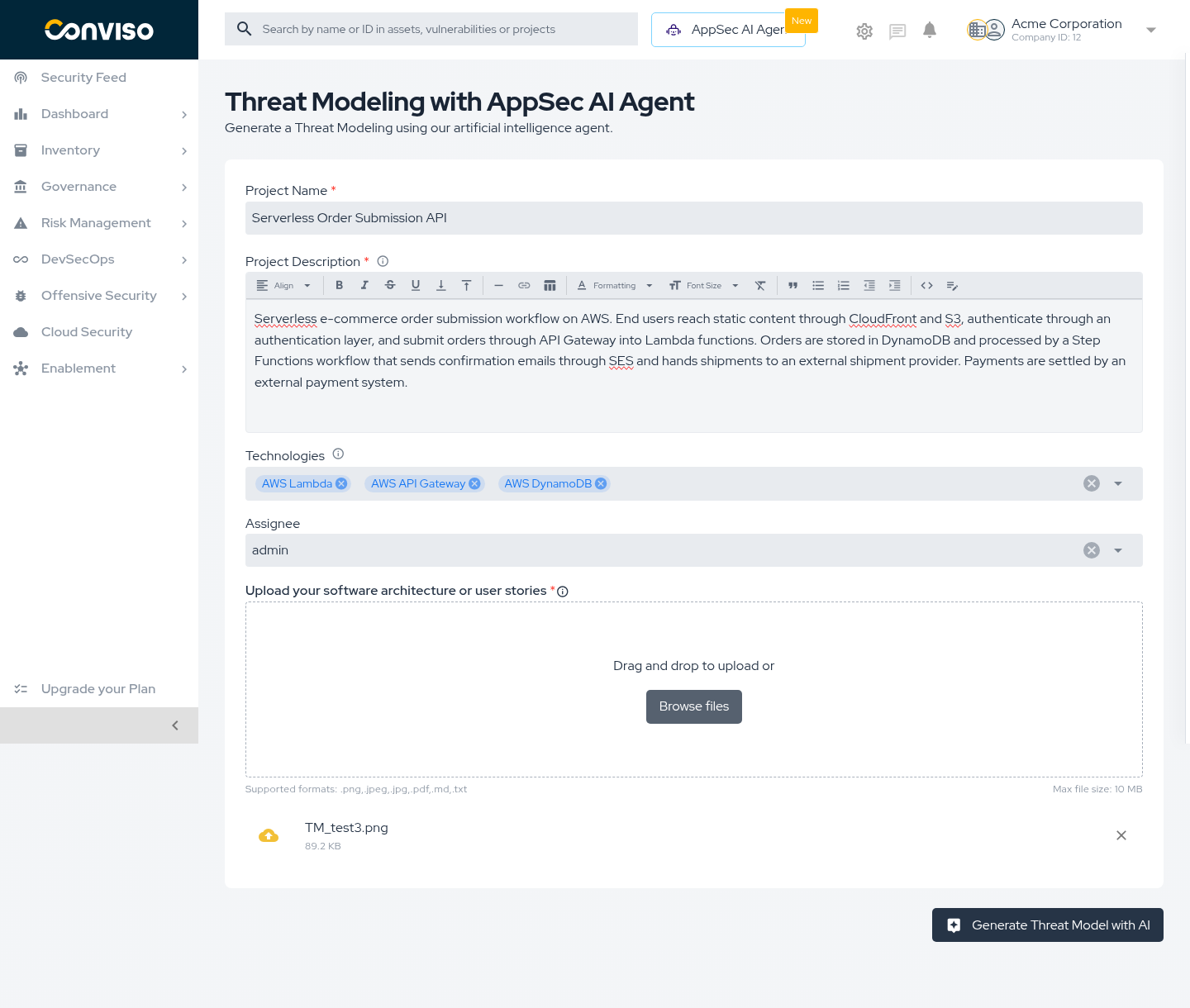 Step 2: Threat Modeling with AppSec AI Agent form completed