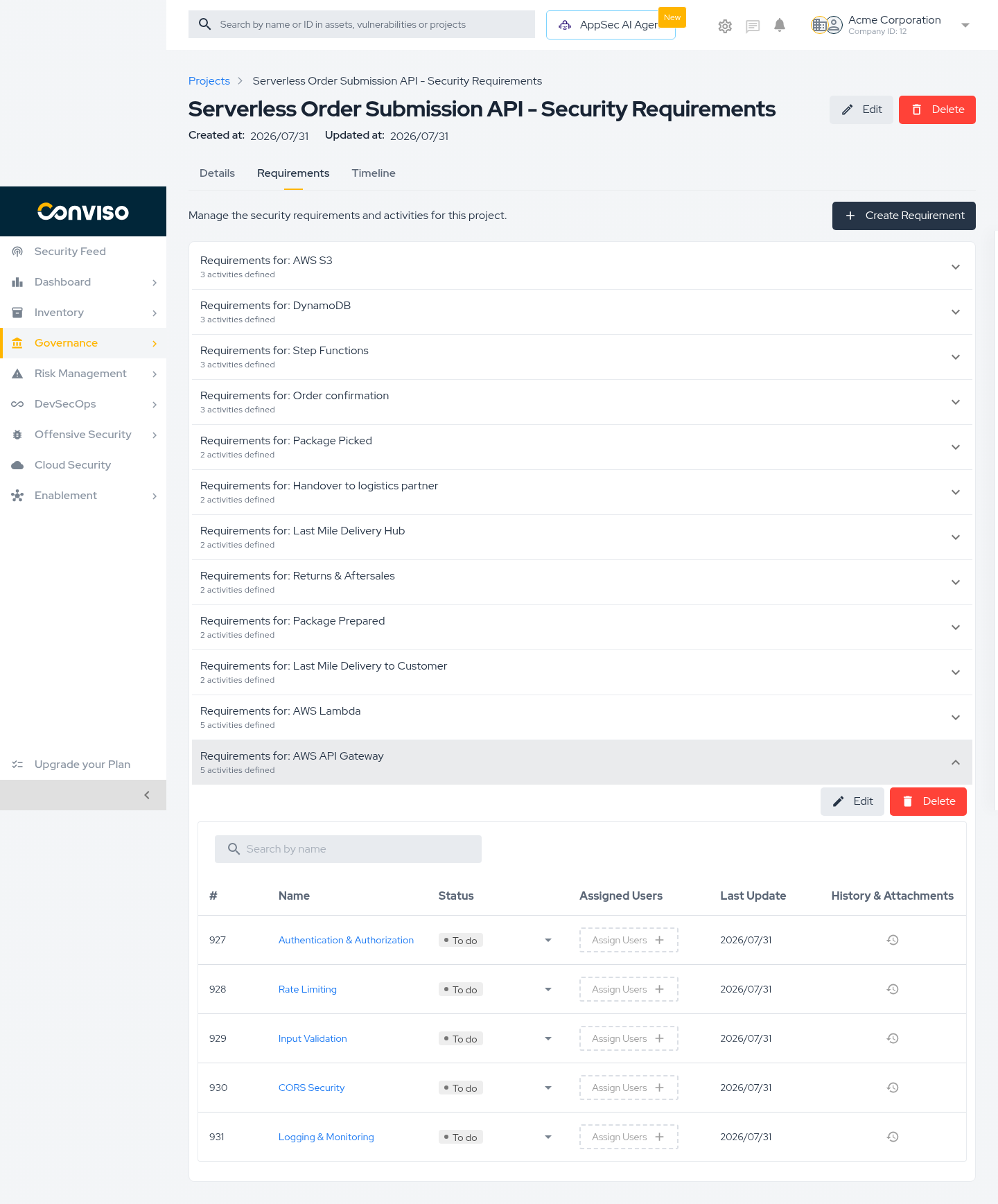 Step 2: Project requirements generated from the threat model