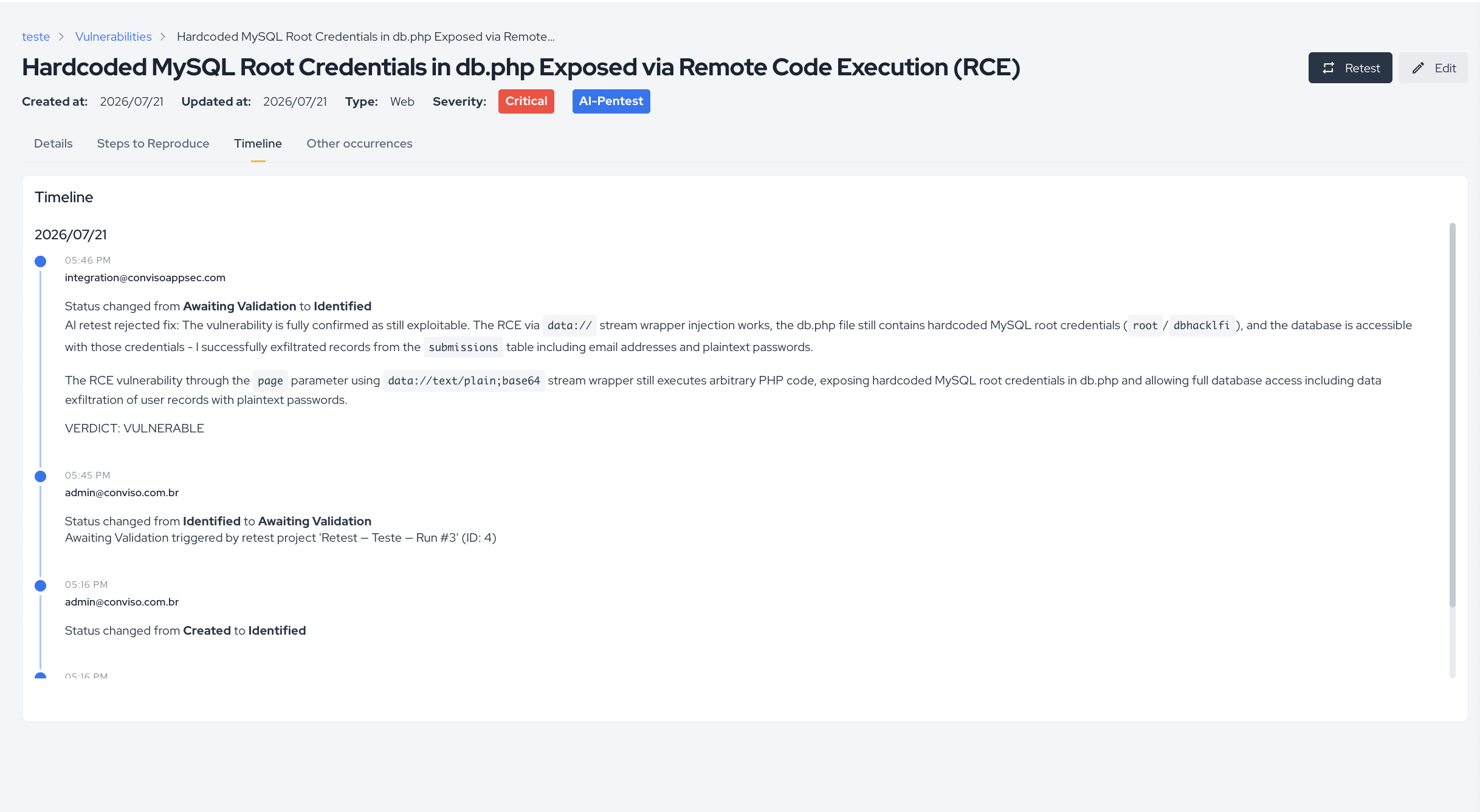 Vulnerability timeline showing the retest verdict entry posted by the agent