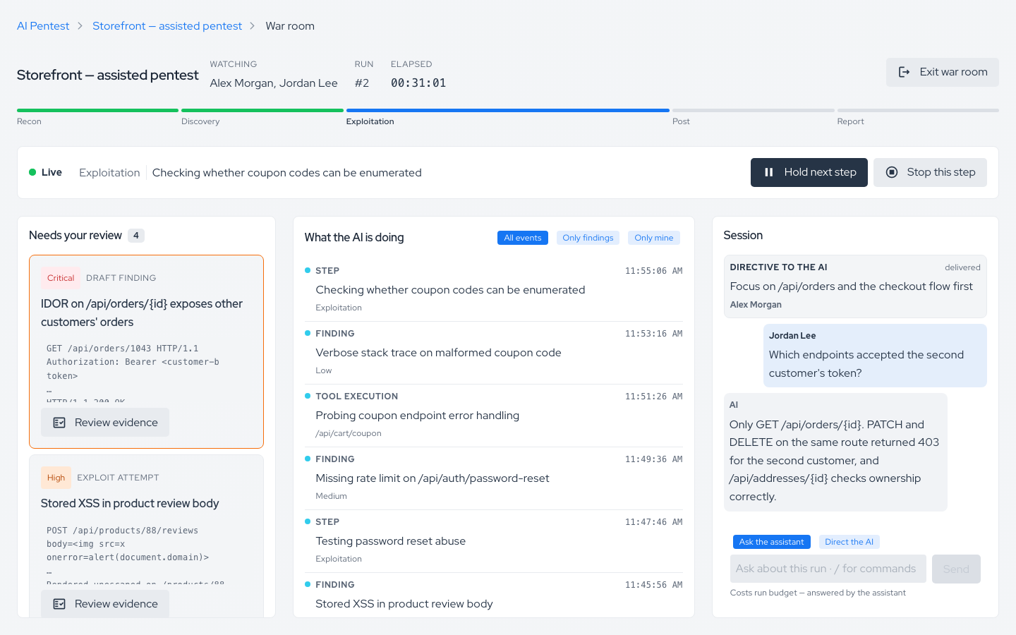 War room with the control strip, phase progress, review queue, activity feed and session thread